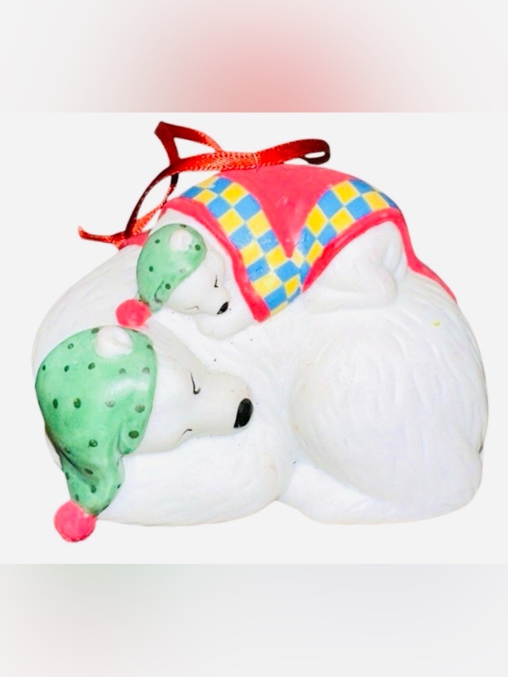 2002 Safe and Snug Hallmark White Polar Bear Dog Ornament with Green